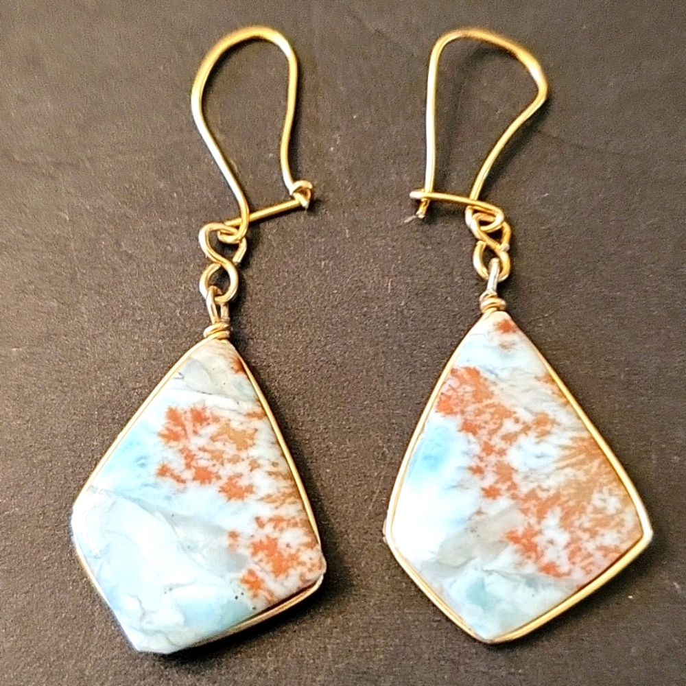 NEW Natural Semi-Precious Stones Earrings, Coastal Blue & Brown, Gold Wire